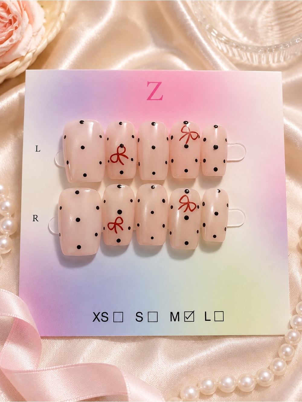 🎀 Coquette Nude Pink Polka Dot Press-On Nails